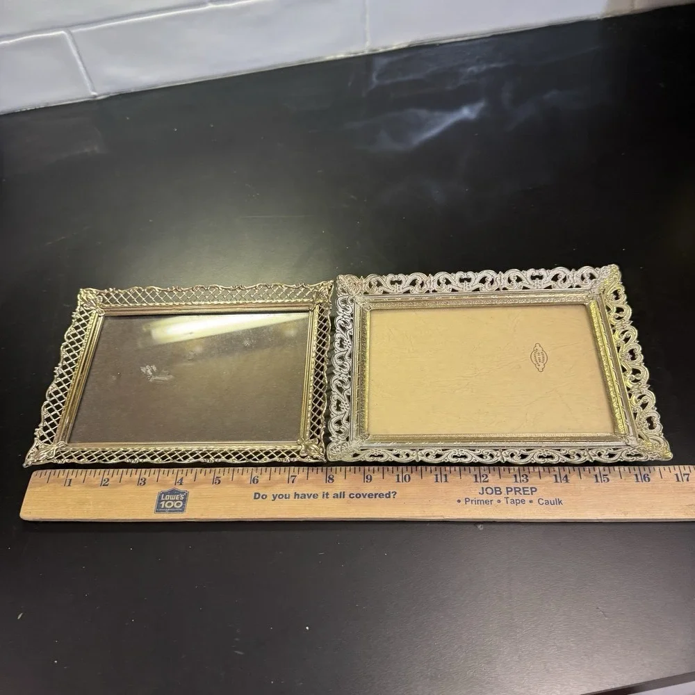 2 Vintage Fancy Gold Metal Filigree Ornate Picture Frame 5 X 7 with Clear Glass